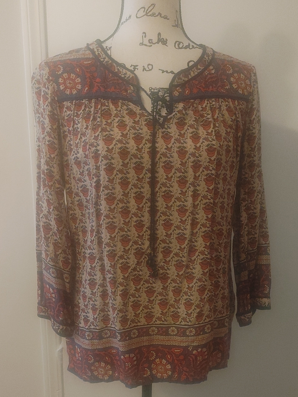 Lucky Brand Tan and Rust Floral Tie-Neck Peasant Top